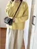 ¡Estilo dulce! Suéter amarillo claro oversized para mujer, cuello redondo, sin botones, corte favorecedor, holgado, hecho de lana suave
