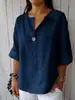 Top de Algodón y Lino de Manga Media Estilo Europeo de Moda de Hong Kong, Nuevo Top de Manga Corta Primavera/Verano con Diseño de Cuello en V, Tallas Grandes para Mujer