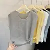 Chaleco tejido de seda de hielo azul con cuello redondo estilo coreano para mujer, nuevo top sin mangas versátil y elegante de algodón blanco para la moda de verano