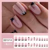 24 Peças Rosa Nude Borda Preta Unhas Postiças com Strass Adesivos de Unha Elegantes para o Dia a Dia Quadradas Redondas Médio-Curtas com Decoração de Pequenos Strass