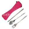 Bolsa de Tecido em Formato de Osso Conjunto de Talheres Colher, Garfo e Hashi Conjunto de Três Peças com Logo Bolsa de Tecido em Formato de Osso Conjunto de Talheres Aço Inoxidável Doméstico
