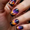 Unhas Usáveis de Halloween Quadradas Médias Céu Estrelado Preto Design de Estampa de Morcego Removíveis Patches de Unha Postiça