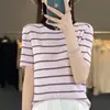 Ropa Nueva de Verano para Mujer de Hielo de Lino de Seda con Perlas Manga Corta Suéter de Punto para Mujer Camiseta para Mujer Cuello Redondo Rayas Finas Bloque de Color