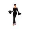 Vestido Longo Quadrado de Manga Longa com Punhos de Strass, Mangas Bufantes de Cetim, Vestido Bodycon, Vestido de Festa, Vestido de Natal
