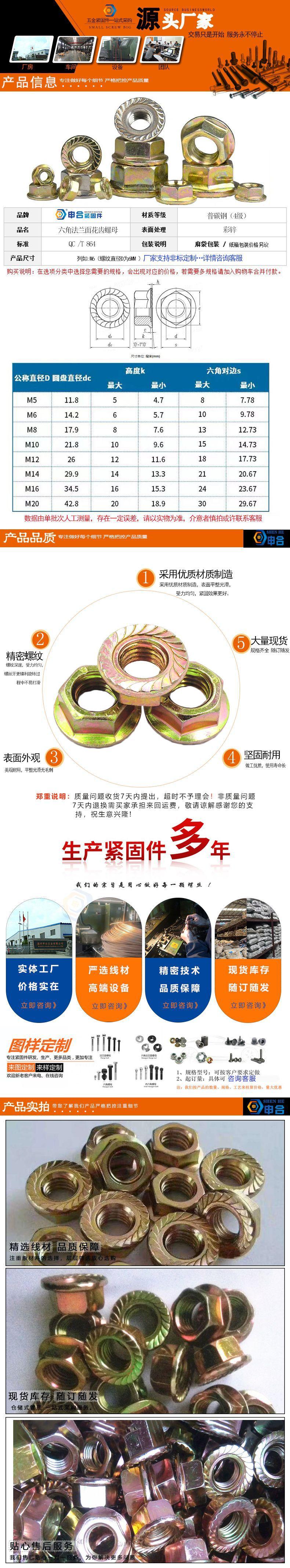 4级六角法兰面带齿螺母压花六角头法兰花齿螺帽彩锌法兰防滑螺母