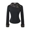 Camiseta Trendy de Cuadros Estilo Americano con Solapas y Mangas Largas 2026 Primavera Vintage Ajustada Adelgazante Top Corto Básico para Mujer