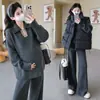 Nuevo conjunto de maternidad otoño/invierno: suéter tejido grueso con cuello y cuello en V y pantalones de pierna ancha, conjunto casual