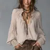 2026 Top plisado transfronterizo europeo y americano holgado retro de manga larga con volantes y cuello en V con encaje y manga de farol para mujer