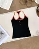 3640# Primavera Nuevo Color Block Camisola Acolchada Diseño de Botones Versátil Tirante Delgado Crop Top Mujer
