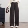 Calças Casuais Femininas de Cintura Alta Retas de Perna Larga Personalizadas Outono Soltas Versáteis Caimento Fluido Emagrecedoras para o Trabalho Longas