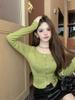Camiseta verde de manga comprida de algodão Slub para mulheres outono e inverno Nova garota pura quente slim-fit short top undershirt