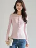 26 Outono Novo Feminino Rosa Mistura de Lã Slim Fit Elástico Manga Longa Tricô Camiseta com Gola Redonda 22773