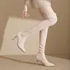 Novas Botas Longas Elásticas de Salto Alto Cor de Damasco Outono 2026 com Bico Fino, Botas Longas Elegantes de Celebridade da Internet, Botas de Calçar