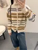 Cárdigan de Punto Grueso con Cremallera Doble, Cuello Alto y Rayas para Mujer, Otoño e Invierno 2026, Suéter Abrigo Holgado Retro con Bloques de Color y Cuello Alto