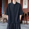 Camiseta de Algodón de Manga Corta para Hombre 2026 Hanfu Chino Cuello Alto Botón de Rana Camisa de Manga Corta Algodón Lino Color Sólido Camisa Estilo Chino