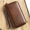 Cartera Larga de Cuero Genuino Transfronteriza con Doble Cremallera Gran Capacidad para Efectivo Portatarjetas Bolso de Mano de Piel de Vaca Cartera para Hombre
