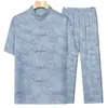 Traje Tang de mediana edad y ancianos para hombre, manga corta de verano, estilo chino Hanfu, ropa de Tai Chi para abuelo, camisa de seda helada, traje holgado