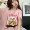 Camiseta rosa de manga corta con estampado de gato para mujer, diseño nuevo de verano, camiseta de longitud media, top para ropa de clase de estudiante femenina