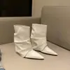 Botas de tacón alto apilado plateadas Chuyuji para mujer, Botines elegantes de punta para mujer petite, Otoño e Invierno