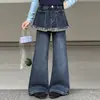 Jeans para niñas, nuevo estilo otoño 2026, conjunto de dos piezas de falda-pantalón para niños, pantalones de pierna ancha para niños mayores, pantalones largos para niñas pequeñas