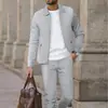 Traje informal liso transfronterizo para hombre, conjunto de cárdigan con cremallera de punto gofrado para primavera y otoño con cuello camisero y pantalón largo casual