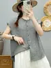 Camisa sem mangas de gaze de algodão dupla camada com gola de babados e estampa xadrez para mulheres, estilo artístico vintage de verão, top 100% algodão macio e amigo da pele