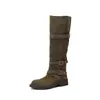 Fivela de cinto de uso duplo camurça botas de montaria de cano alto empilhadas outono/inverno 2026 salto médio grosso bico redondo couro genuíno botas longas para mulheres