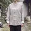 Camisa casual com gola alta, camisa masculina estilo terno Tang de manga comprida com botões de nó chinês, adequada para primavera e outono, design retrô estilo chinês, tamanho grande, estilo casal