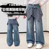Jeans de Cuadros para Niña Otoño con Solapa Trasera 2026 Nuevo Estilo Coreano Sueltos Elegantes Casual Versátiles Pantalones Rectos para Niños
