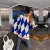 Suéter Argyle Bloque de Color de Comercio Exterior para Mujer, Jersey, Nuevo Estilo Otoño e Invierno 2025, Estilo Holgado y Relajado, Cárdigan de Punto de Comercio Exterior, Moderno