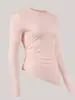 Top de Yoga para Chicas Latte Cuello Redondo Blusa con Abertura Top Deportivo Ajustado Plisado Ropa de Yoga de Manga Larga para Mujer
