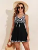 Traje de baño de una pieza para mujer estilo europeo y americano, estampado, cuello en V, favorecedor, adelgazante, conservador, oculta abdomen, con abertura, para vacaciones en la playa