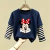 Camiseta de Algodão Puro Manga Longa Infantil Média/Grande Primavera e Outono Nova Blusa Solta para Meninas Estampada Desenho Animado de Menina Camada de Base Tendência
