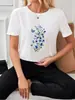 Camiseta de Manga Corta 100% Algodón Puro, Estilo Americano, Casual Trendy Personalizado con Estampado Fresco, Para el Trabajo, Top Favorecedor con Estampado de Plantas, Estilo Ins