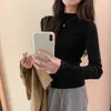 Camisa Básica de Malha Branca com Gola Alta Meia-Altura Manga Longa Feminina Outono e Inverno Slim Fit Suéter de Lã Roupa de Baixo Top Curto