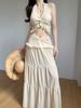 Estilo Vacacional Sexy Sexy Traje de Moda para Mujer Cuello en V Halter Camisola + Falda Larga con Empalme de Cintura Alta Conjunto de Dos Piezas