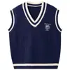 Colete Tricotado Feminino Gola V Sem Manga Estilo College Outono Inverno para Crianças Maiores, Pulôver Solto com Bordado Tendência