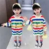 Primavera y Otoño Nuevo Estilo Princesa Ropa Exterior para Niñas Vestido Suéter de Longitud Media Rayado Moda Lindo Vestido Top