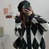 Suéter Cardigan Doce e Preguiçoso com Padrão de Diamante Estilo Coreano para Mulheres, Outono 2025 Novo Tricô Solto Color-Blocking Tendência