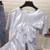 Camiseta de Cuello Redondo Brillante Nacarada de Manga Corta para Mujer ins Trendy Glitter Reflectante Plateada Holgada Disfraz de Actuación Top Camisa de Verano
