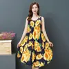 Vestido Colete de Algodão e Seda Plus Size Verão Novo Estilo Étnico Roupas Femininas Retrô Literário Estampado Sem Mangas Saia Longa
