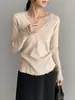 Luego la Ropa Interior Reconfortante ~ Estilo Coreano Suave Elegante Cuello en V Encaje Empalmado Ropa de Punto Básica para Mujer Ropa de Punto Versátil Y1400