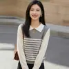 Estilo Novo Primavera e Outono Base de Seda e Lã Gola Polo Falso Duas Peças Pulôver Malha Feminina Manga Longa Roupa de Baixo para Estilo de Deslocamento