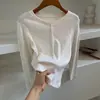 Camiseta básica de manga longa Henley minimalista de outono, corte justo, para mulheres, top casual coreano de gola redonda para o dia a dia