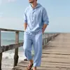 Amazon Transfronterizo Primavera y Otoño Americano Lino Holgado Camisa con Capucha de Manga Larga para Hombre Pantalones Holgados Traje Casual de Playa