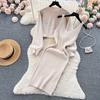 Vestido de dos piezas adelgazante y reductor de edad para mujer, elegante vestido de punto con cuello redondo y cuentas, corto y talle alto para otoño e invierno.