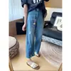 Jeans super macio! Calça de Lyocell fina e fresca de nove pontos para mulheres Calça de cintura alta rasgada de perna larga H043007