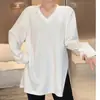 Camiseta Blanca Elegante de Algodón Puro Hilo Doble, Talla Grande, Manga Larga, Cuello en V, para Primavera y Otoño, Corte Holgado, Ceñida a la Cintura, Adelgazante, Top Casual de Longitud Media