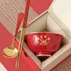 Juego de Cerámica Roja de Cuenco para el Primer Cumpleaños del Bebé, Cuenco para Fideos Infantil con Sentido de Ceremonia, Juego de Tres Piezas con Cuenco para Cumpleaños, Palillos y Cuchara