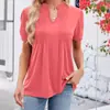 Ropa para Mujer Europea y Americana Cuello en V Manga Corta Abullonada Camiseta Plisada Color Sólido Top Casual para Mujer